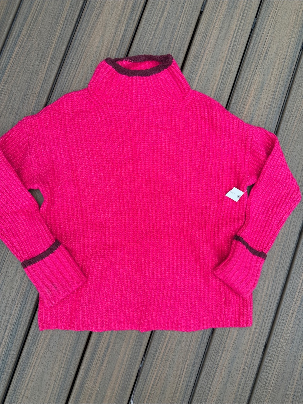NWT Anthropologie Vibrant Pink Ribbed Turtleneck Sweater with Dark Trim